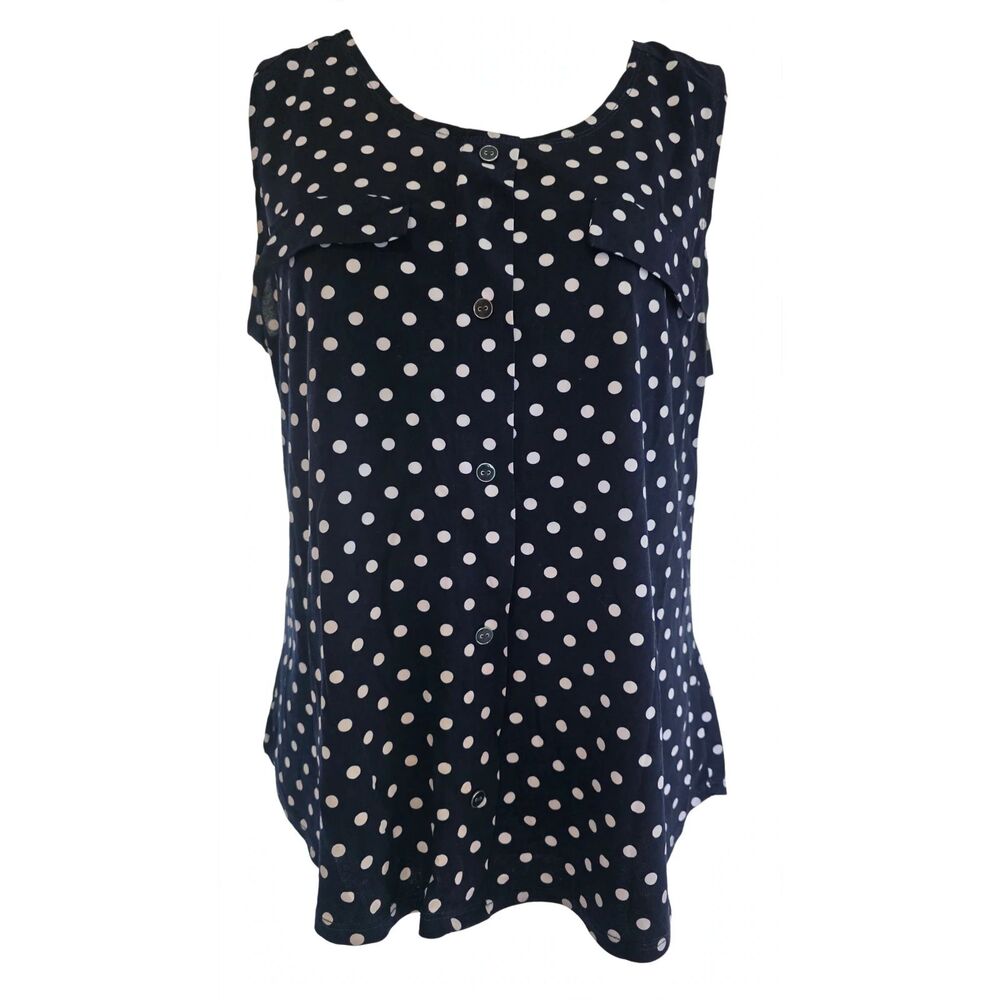 Diana Belle Womens L Navy White Polka Dot Sleeveless Button Front Blouse Top L
